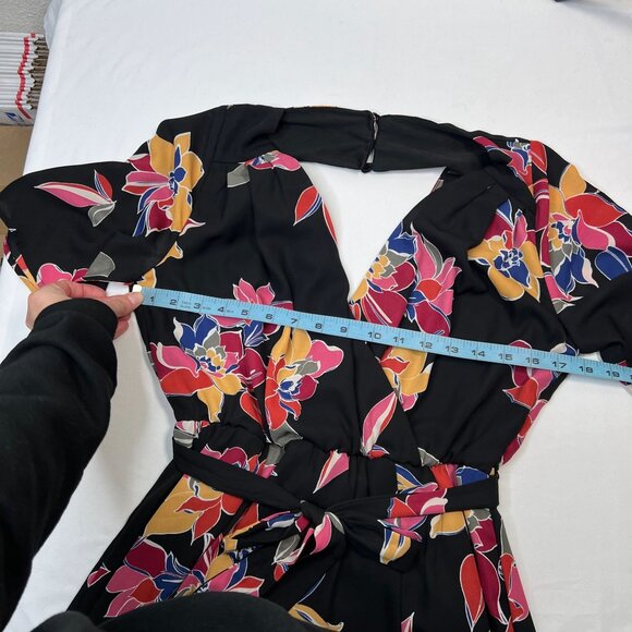 Trixxi Floral Faux Wrap Midi Dress Black Multicolor Tropical Open Back Med - Picture 6 of 14